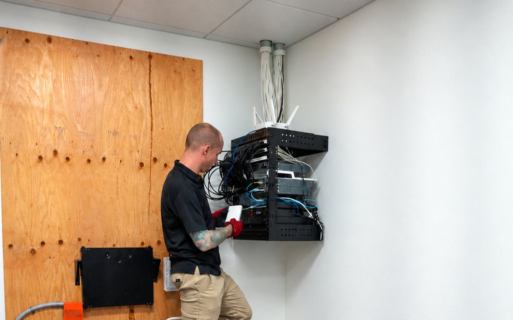 Kyle working on a client network rack