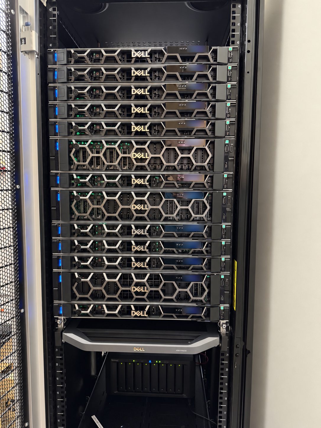 A rack of Dell servers and storage after a server migration